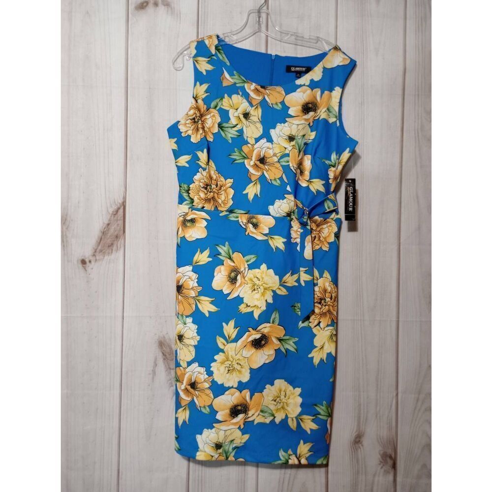 Glamour Womens Blue Yellow Floral Sheath Dress Side Ring Drape Size 12 NWT
